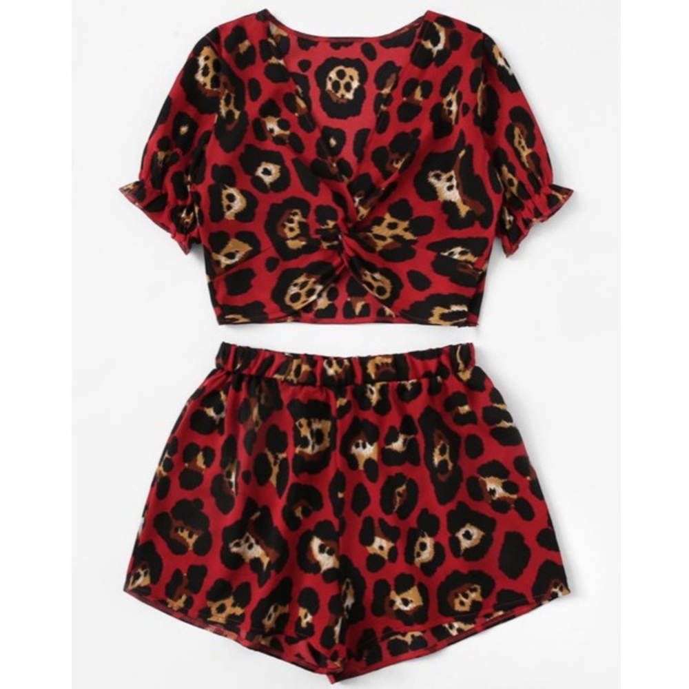 Red Leopard TwistFront Blouse & Shorts Set Size S